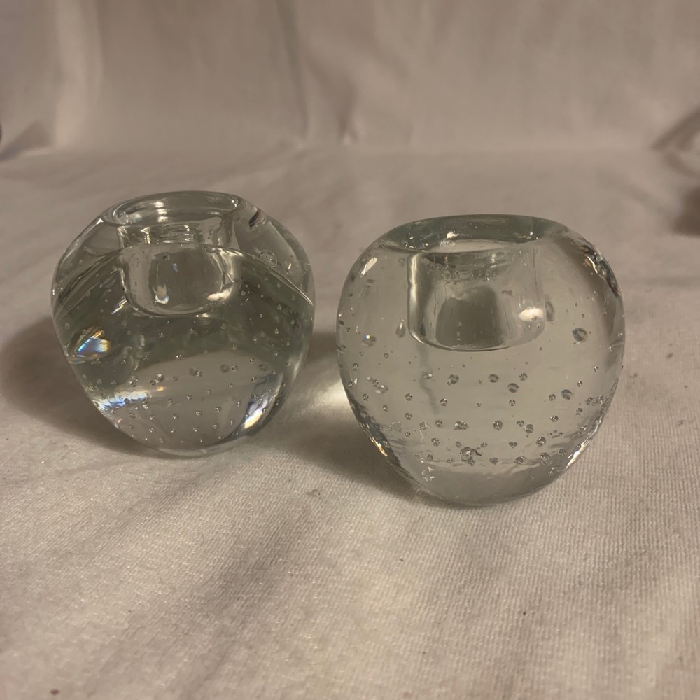 Hand Blown Art Glass Taper Candle Holder Controlled Bubble Bullicante Clear Pair - Picture 2 of 6